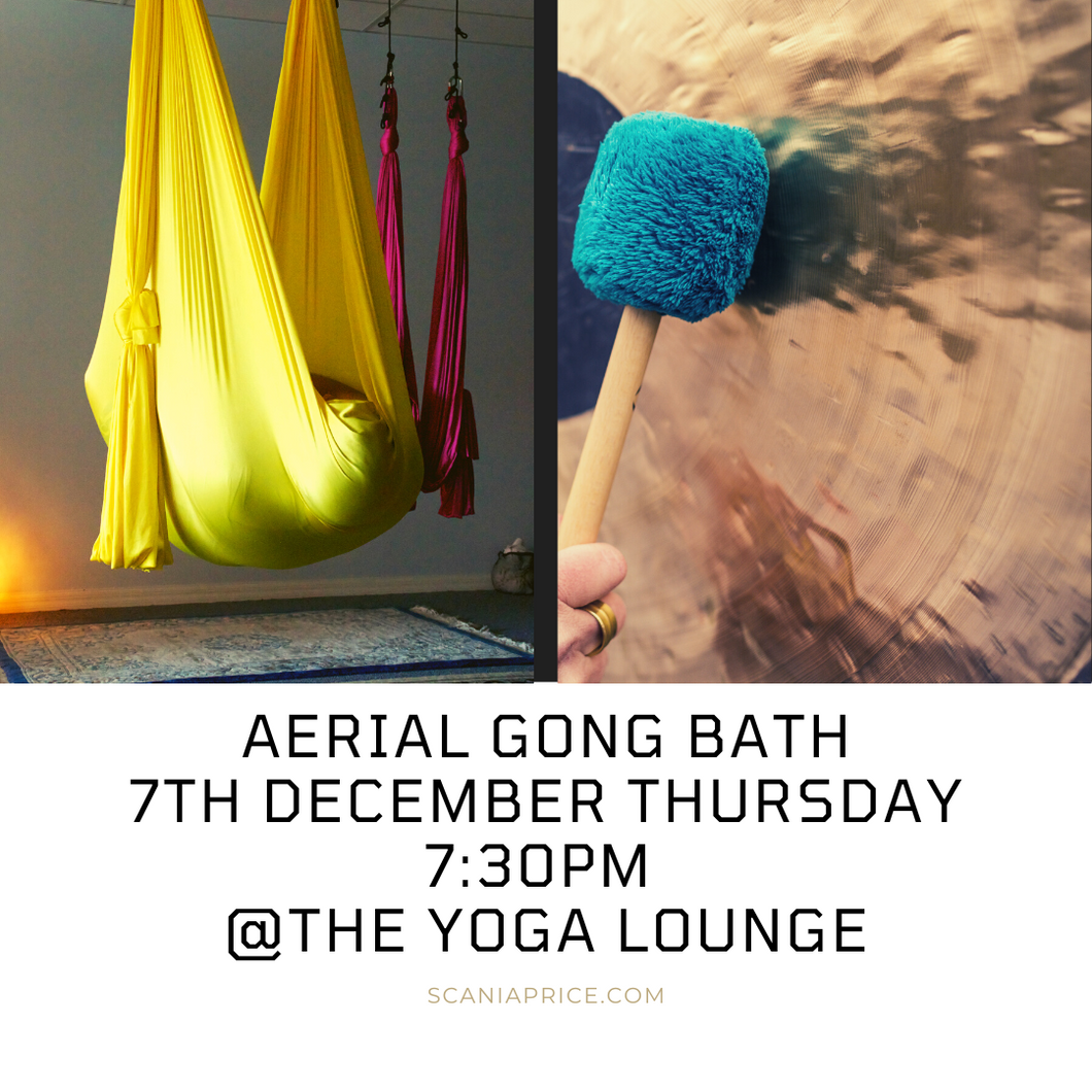 Aerial Cocoon Gong Meditation (sound bathing) while being suspended in soft fabric hammocks. With the help of gravity and the hammocks, we can playfully explore floating, fluid states and allow space in our bodies without compression of our joints and spine. Sound meditation in the Yoga Lounge BOURNEMOUTH with Scania 